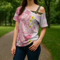 Pink Hawaii Shark Tattoo Cross Shoulder Shirt Puakenikeni Lei Plumeria Polynesian Pattern