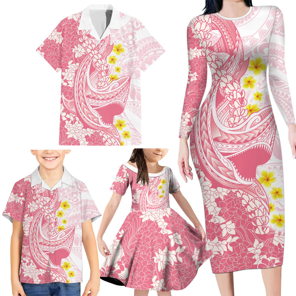 Pink Hawaii Shark Tattoo Family Matching Long Sleeve Bodycon Dress and Hawaiian Shirt Puakenikeni Lei Plumeria Polynesian Pattern LT14 - Polynesian Pride