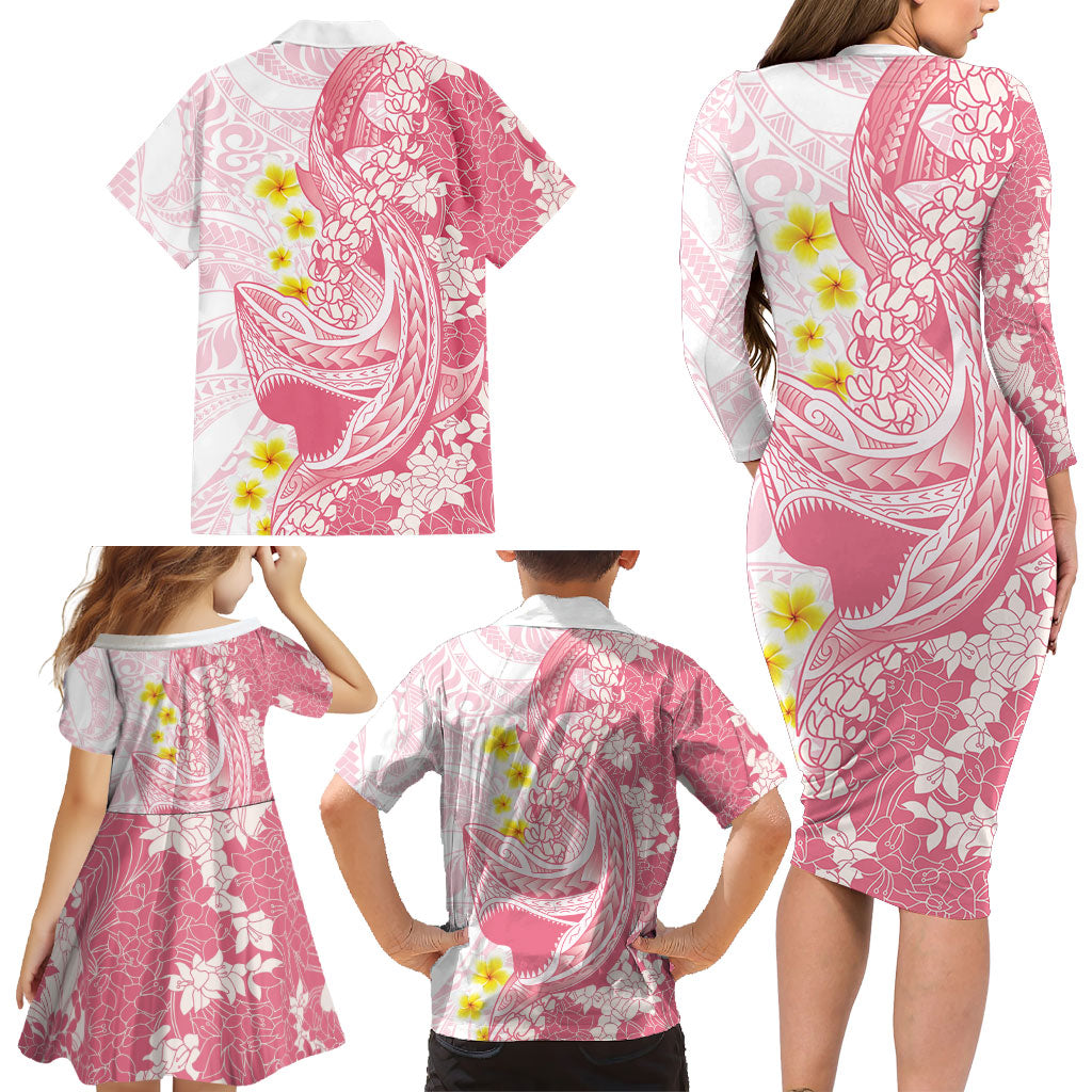 Pink Hawaii Shark Tattoo Family Matching Long Sleeve Bodycon Dress and Hawaiian Shirt Puakenikeni Lei Plumeria Polynesian Pattern LT14 - Polynesian Pride