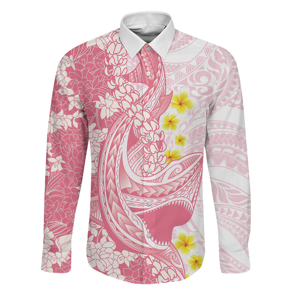 Pink Hawaii Shark Tattoo Family Matching Long Sleeve Bodycon Dress and Hawaiian Shirt Puakenikeni Lei Plumeria Polynesian Pattern LT14 Dad's Shirt - Long Sleeve Pink - Polynesian Pride