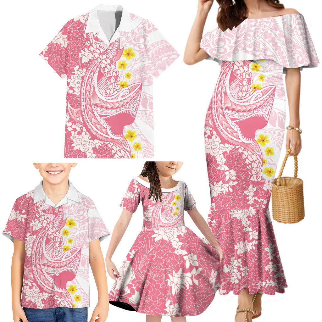 Pink Hawaii Shark Tattoo Family Matching Mermaid Dress and Hawaiian Shirt Puakenikeni Lei Plumeria Polynesian Pattern