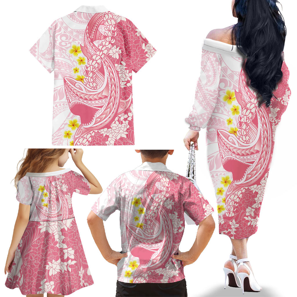 Pink Hawaii Shark Tattoo Family Matching Off The Shoulder Long Sleeve Dress and Hawaiian Shirt Puakenikeni Lei Plumeria Polynesian Pattern LT14 - Polynesian Pride