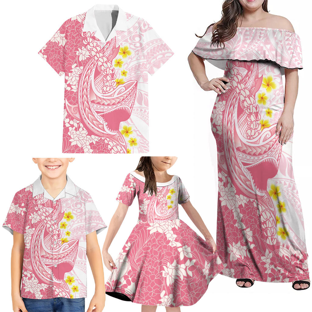 Pink Hawaii Shark Tattoo Family Matching Off Shoulder Maxi Dress and Hawaiian Shirt Puakenikeni Lei Plumeria Polynesian Pattern
