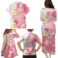 Pink Hawaii Shark Tattoo Family Matching Puletasi and Hawaiian Shirt Puakenikeni Lei Plumeria Polynesian Pattern