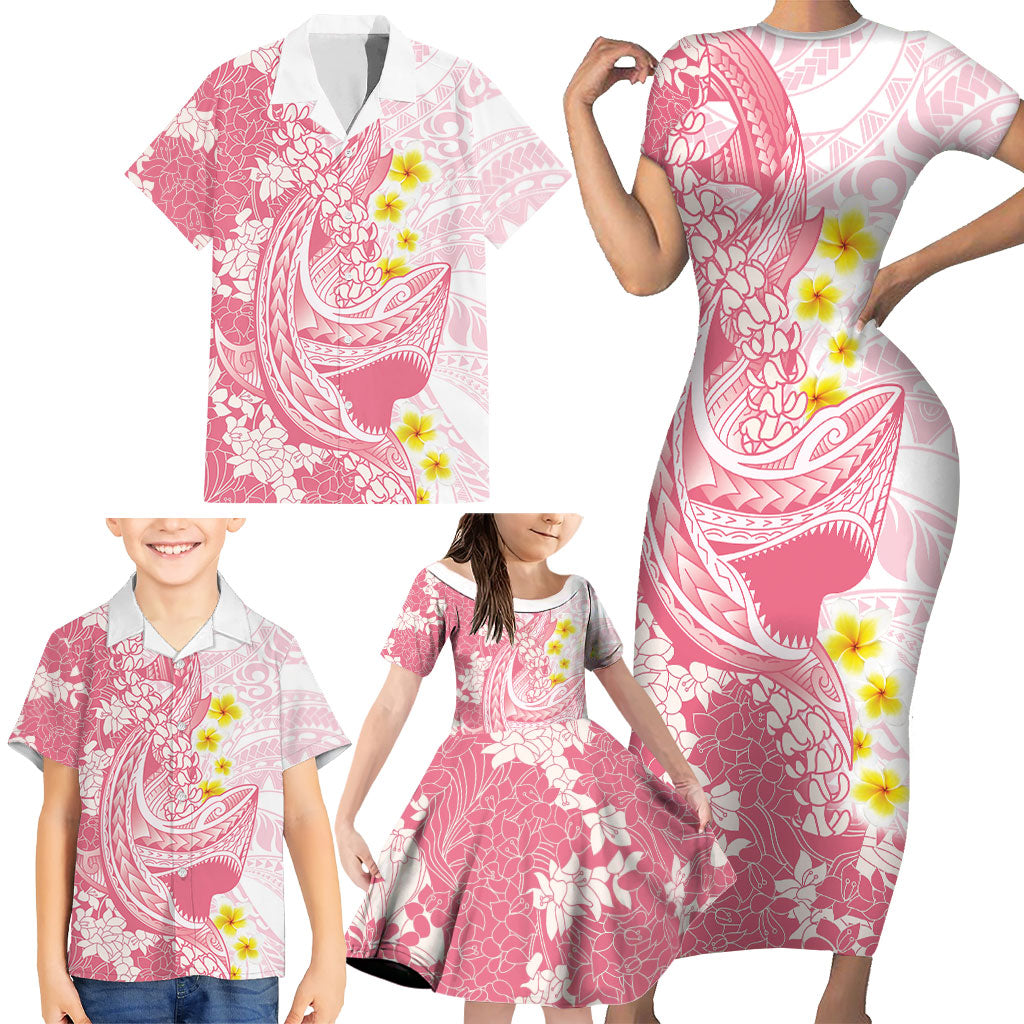 Pink Hawaii Shark Tattoo Family Matching Short Sleeve Bodycon Dress and Hawaiian Shirt Puakenikeni Lei Plumeria Polynesian Pattern