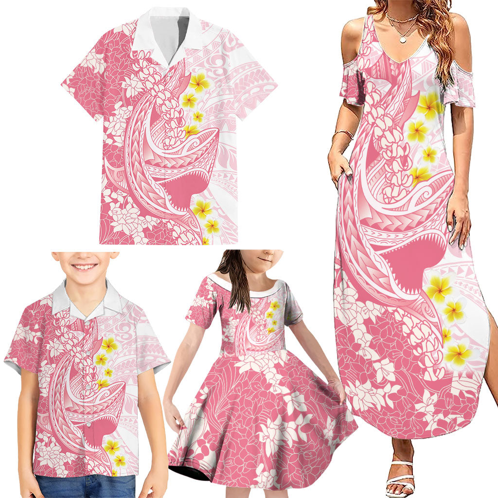 Pink Hawaii Shark Tattoo Family Matching Summer Maxi Dress and Hawaiian Shirt Puakenikeni Lei Plumeria Polynesian Pattern