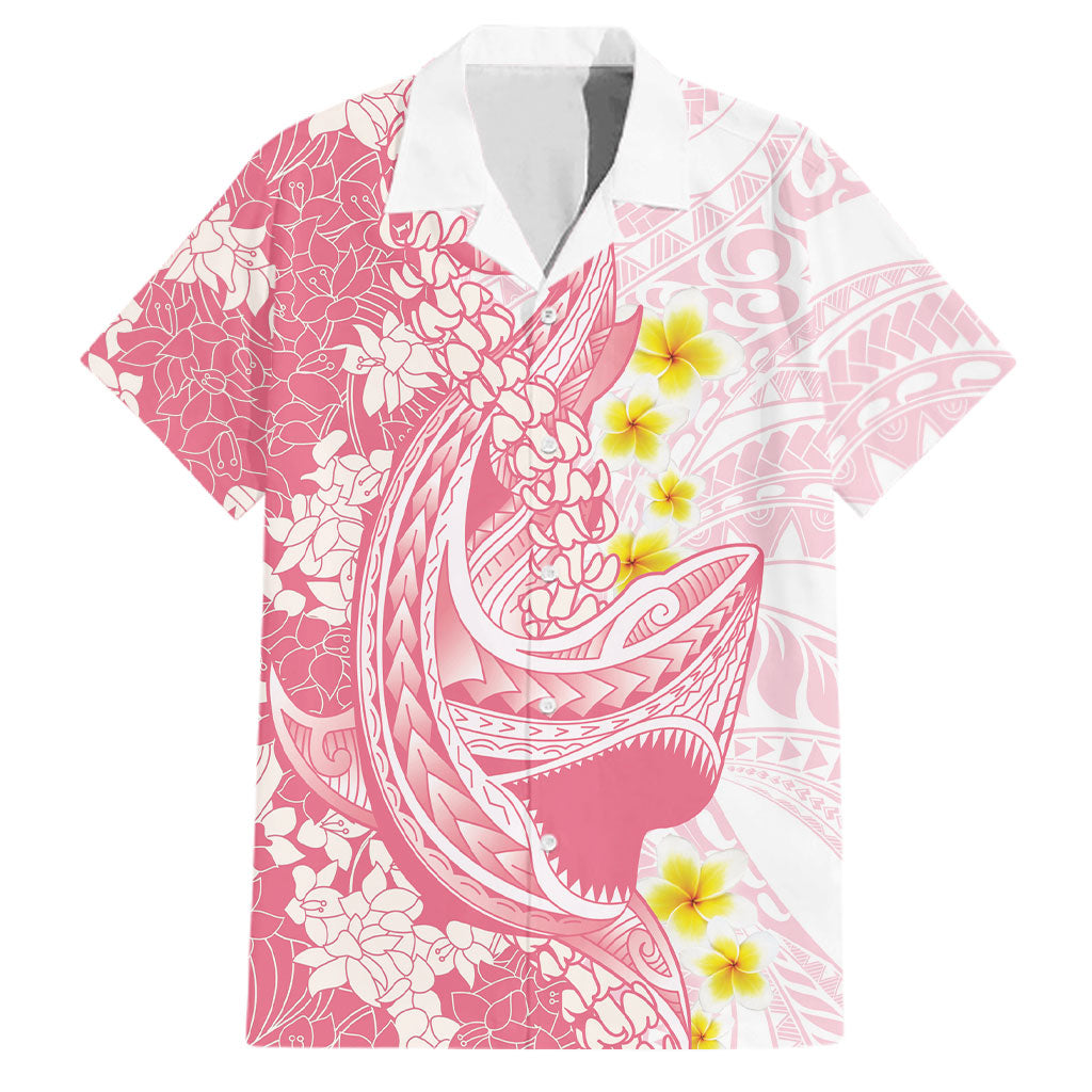 Pink Hawaii Shark Tattoo Family Matching Summer Maxi Dress and Hawaiian Shirt Puakenikeni Lei Plumeria Polynesian Pattern LT14 Dad's Shirt - Short Sleeve Pink - Polynesian Pride