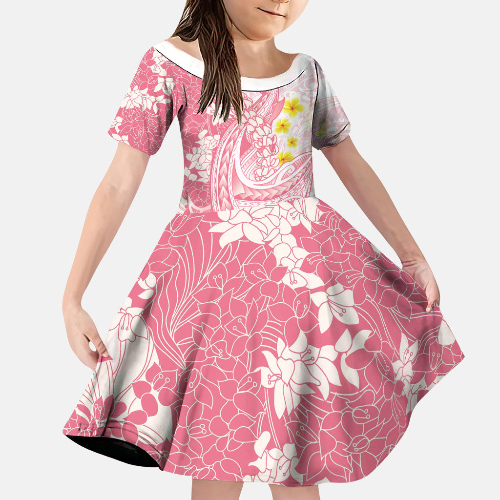 Pink Hawaii Shark Tattoo Family Matching Tank Maxi Dress and Hawaiian Shirt Puakenikeni Lei Plumeria Polynesian Pattern LT14 Daughter's Dress Pink - Polynesian Pride