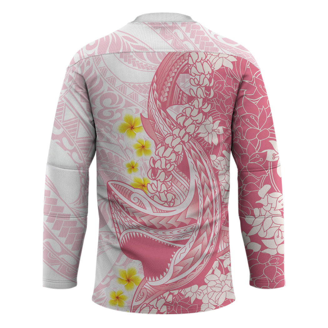 Pink Hawaii Shark Tattoo Hockey Jersey Puakenikeni Lei Plumeria Polynesian Pattern
