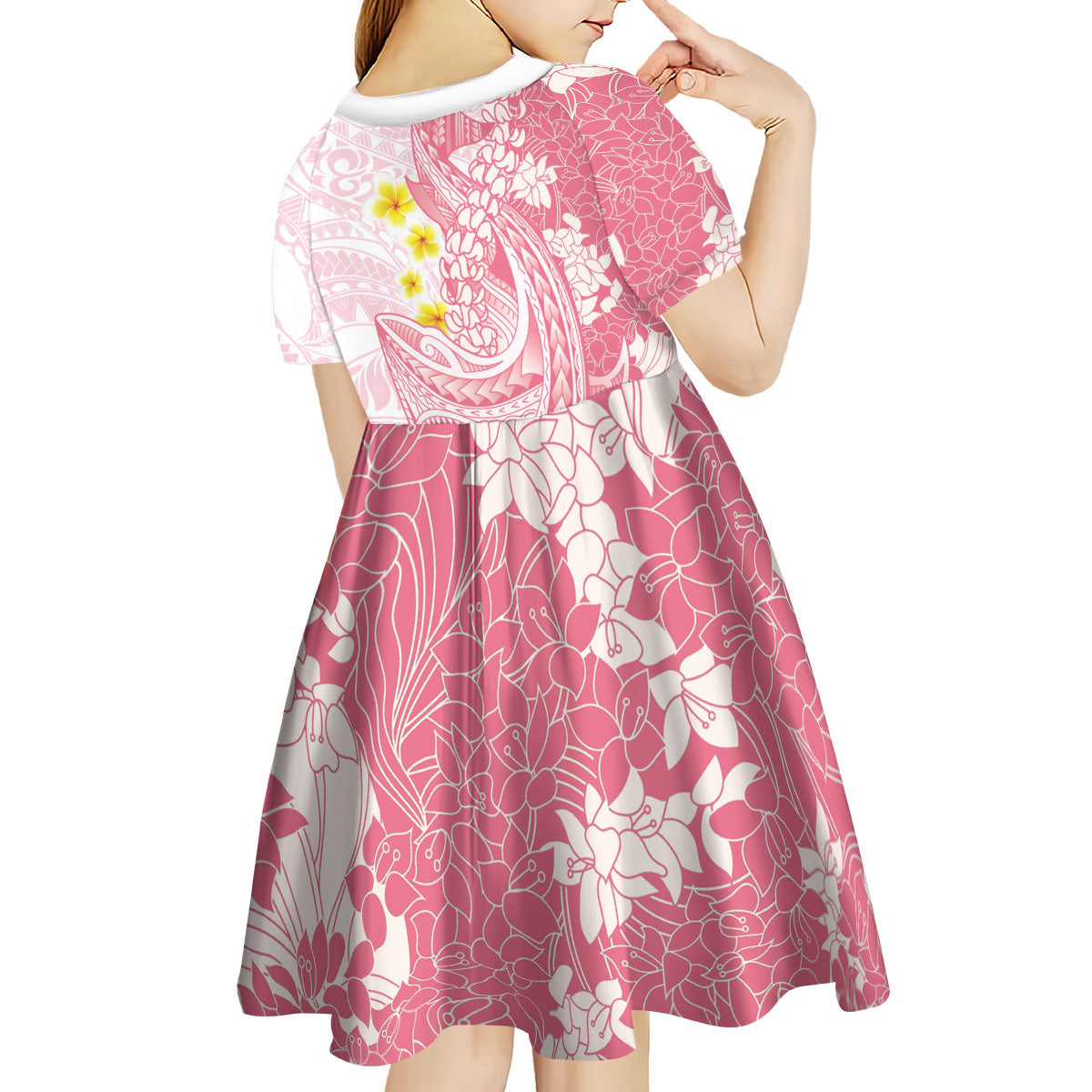 Pink Hawaii Shark Tattoo Kid Short Sleeve Dress Puakenikeni Lei Plumeria Polynesian Pattern LT14 - Polynesian Pride