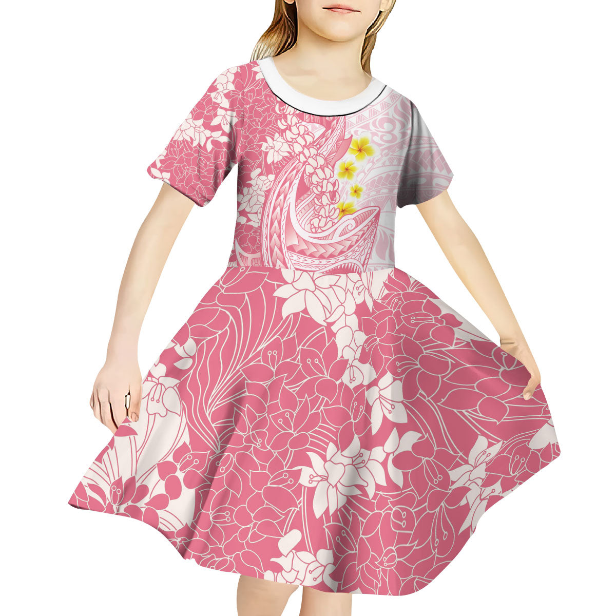 Pink Hawaii Shark Tattoo Kid Short Sleeve Dress Puakenikeni Lei Plumeria Polynesian Pattern LT14 - Polynesian Pride