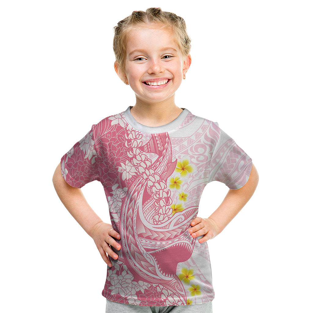 Pink Hawaii Shark Tattoo Kid T Shirt Puakenikeni Lei Plumeria Polynesian Pattern
