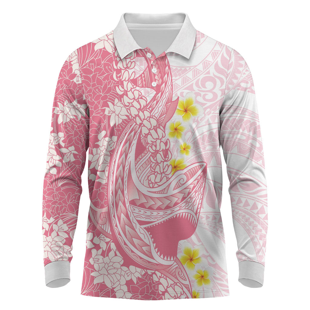 Pink Hawaii Shark Tattoo Long Sleeve Polo Shirt Puakenikeni Lei Plumeria Polynesian Pattern LT14 Pink - Polynesian Pride