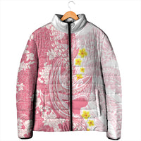 Pink Hawaii Shark Tattoo Padded Jacket Puakenikeni Lei Plumeria Polynesian Pattern