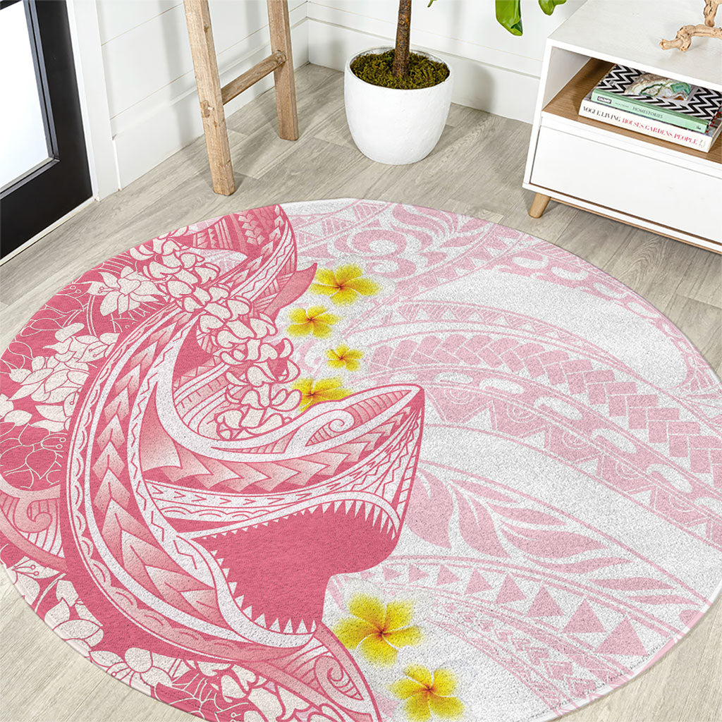 Pink Hawaii Shark Tattoo Round Carpet Puakenikeni Lei Plumeria Polynesian Pattern