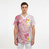 Pink Hawaii Shark Tattoo Scrub Top Puakenikeni Lei Plumeria Polynesian Pattern
