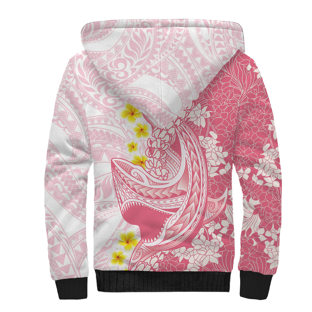 Pink Hawaii Shark Tattoo Sherpa Hoodie Puakenikeni Lei Plumeria Polynesian Pattern LT14 - Polynesian Pride