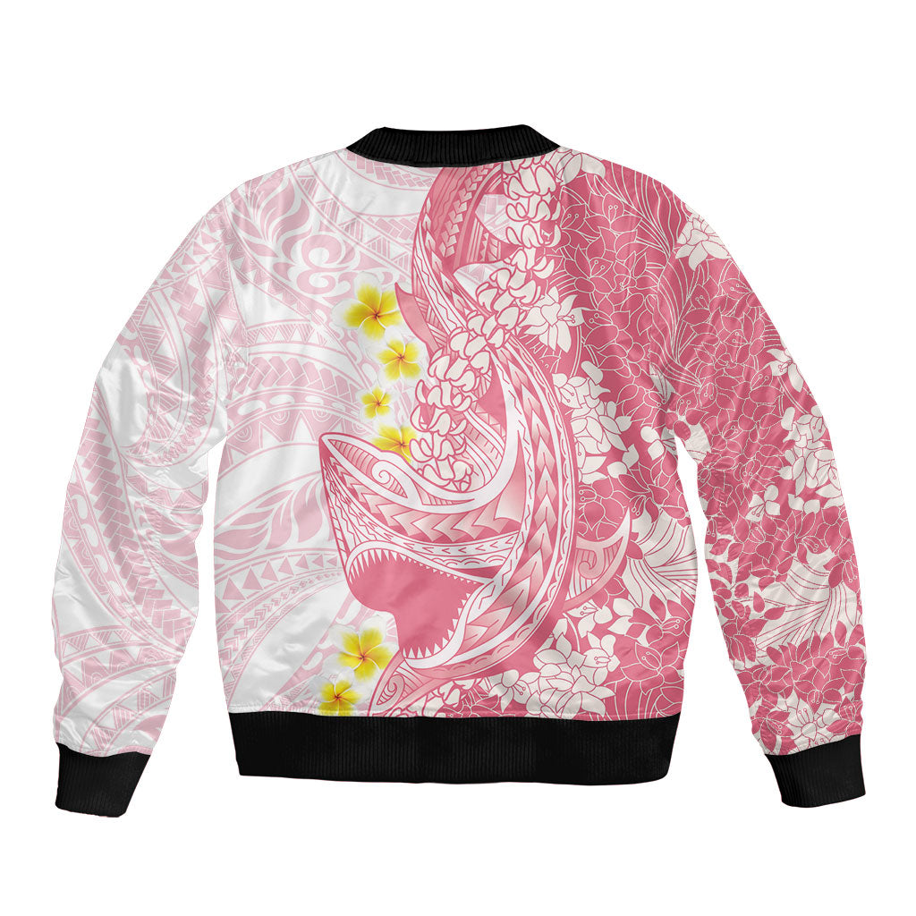 Pink Hawaii Shark Tattoo Sleeve Zip Bomber Jacket Puakenikeni Lei Plumeria Polynesian Pattern