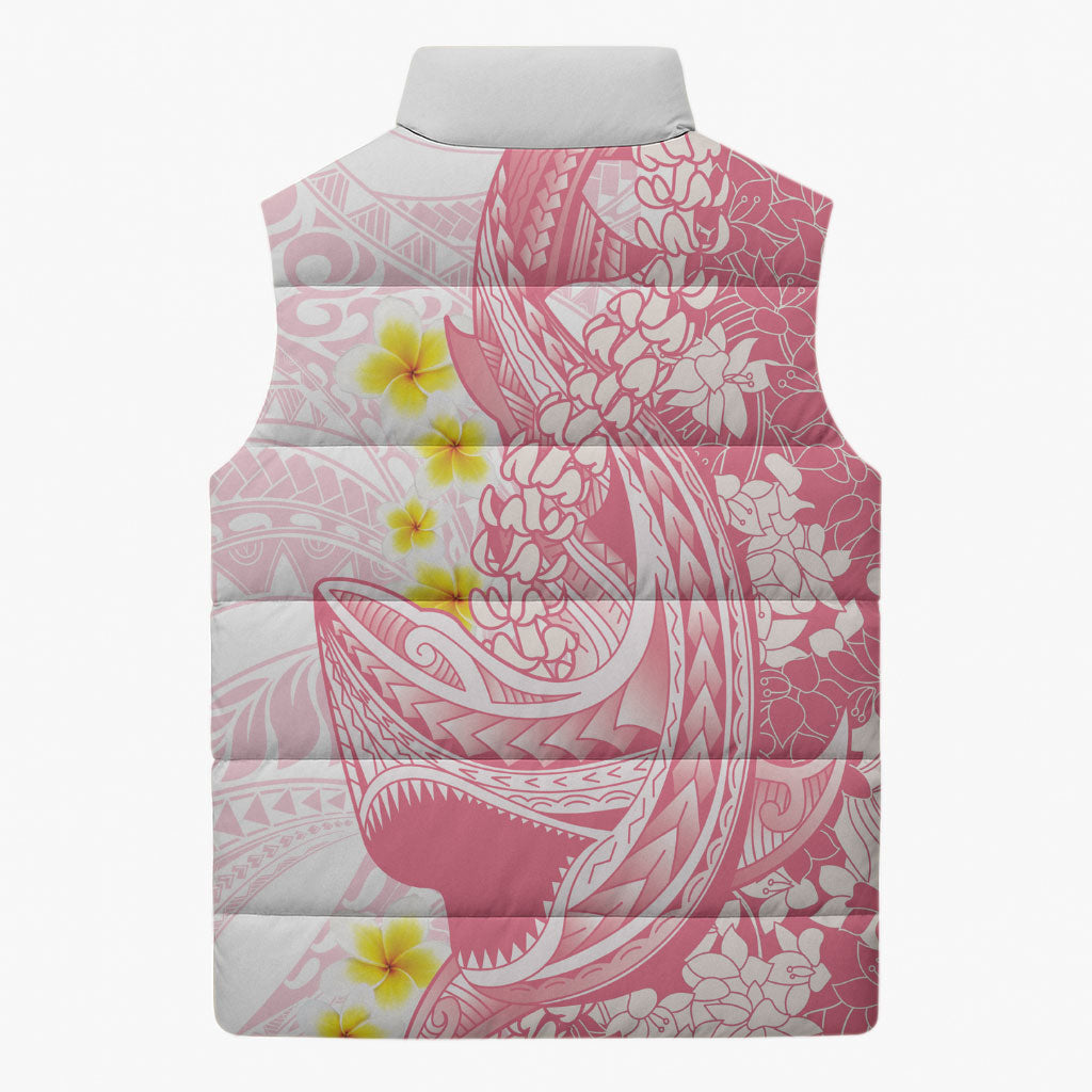 Pink Hawaii Shark Tattoo Sleeveless Puffer Jacket Puakenikeni Lei Plumeria Polynesian Pattern