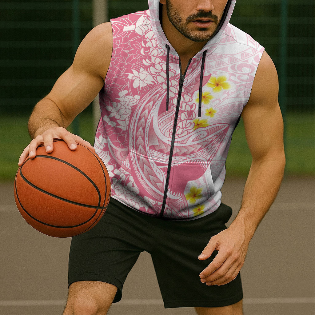 Pink Hawaii Shark Tattoo Sleeveless Zip Hoodie Puakenikeni Lei Plumeria Polynesian Pattern LT14 - Polynesian Pride