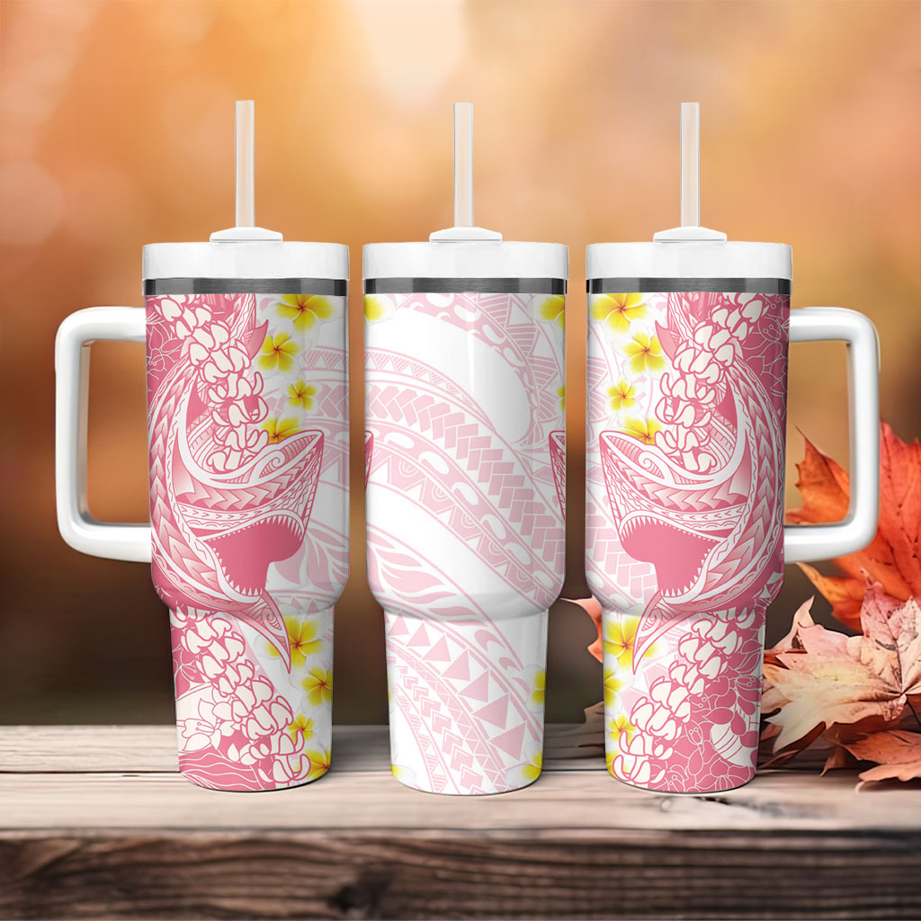 Pink Hawaii Shark Tattoo Tumbler With Handle Puakenikeni Lei Plumeria Polynesian Pattern