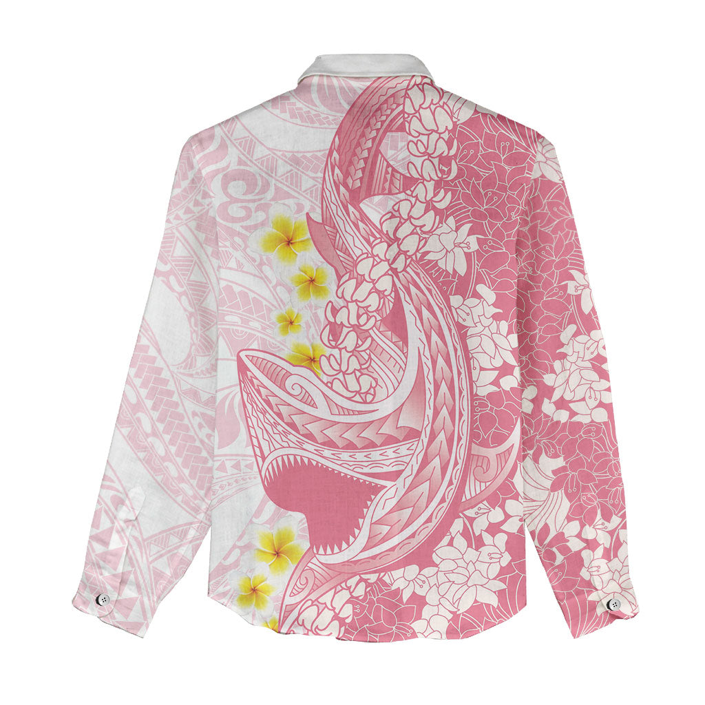 Pink Hawaii Shark Tattoo Women Casual Shirt Puakenikeni Lei Plumeria Polynesian Pattern LT14 - Polynesian Pride