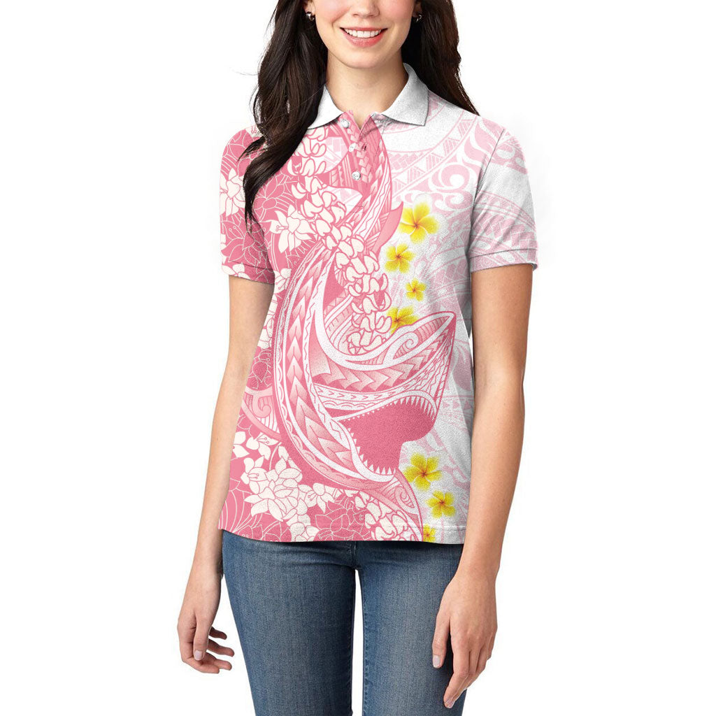 Pink Hawaii Shark Tattoo Women Polo Shirt Puakenikeni Lei Plumeria Polynesian Pattern LT14 - Polynesian Pride