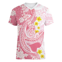 Pink Hawaii Shark Tattoo Women V-Neck T-Shirt Puakenikeni Lei Plumeria Polynesian Pattern LT14 Female Pink - Polynesian Pride