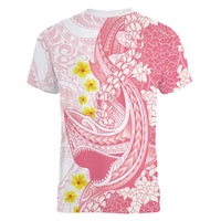 Pink Hawaii Shark Tattoo Women V-Neck T-Shirt Puakenikeni Lei Plumeria Polynesian Pattern LT14 - Polynesian Pride