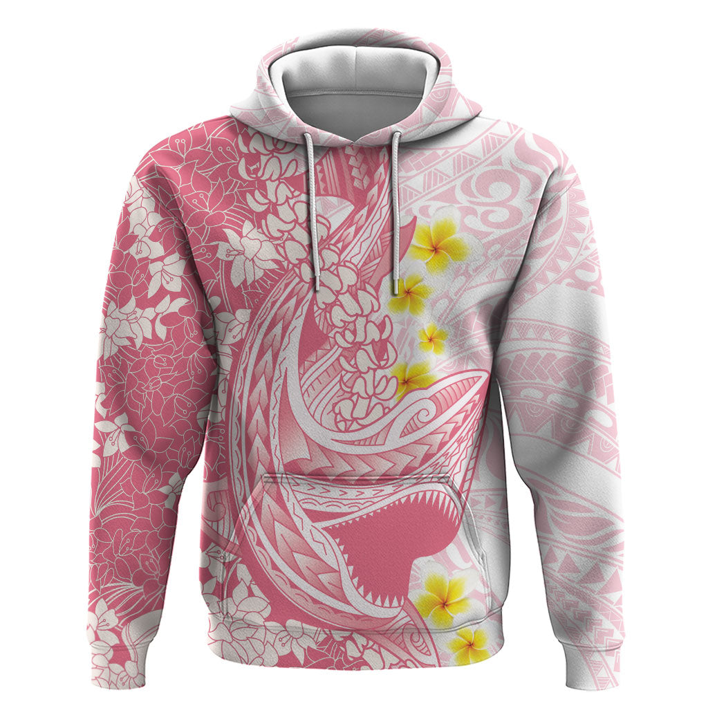 Pink Hawaii Shark Tattoo Zip Hoodie Puakenikeni Lei Plumeria Polynesian Pattern