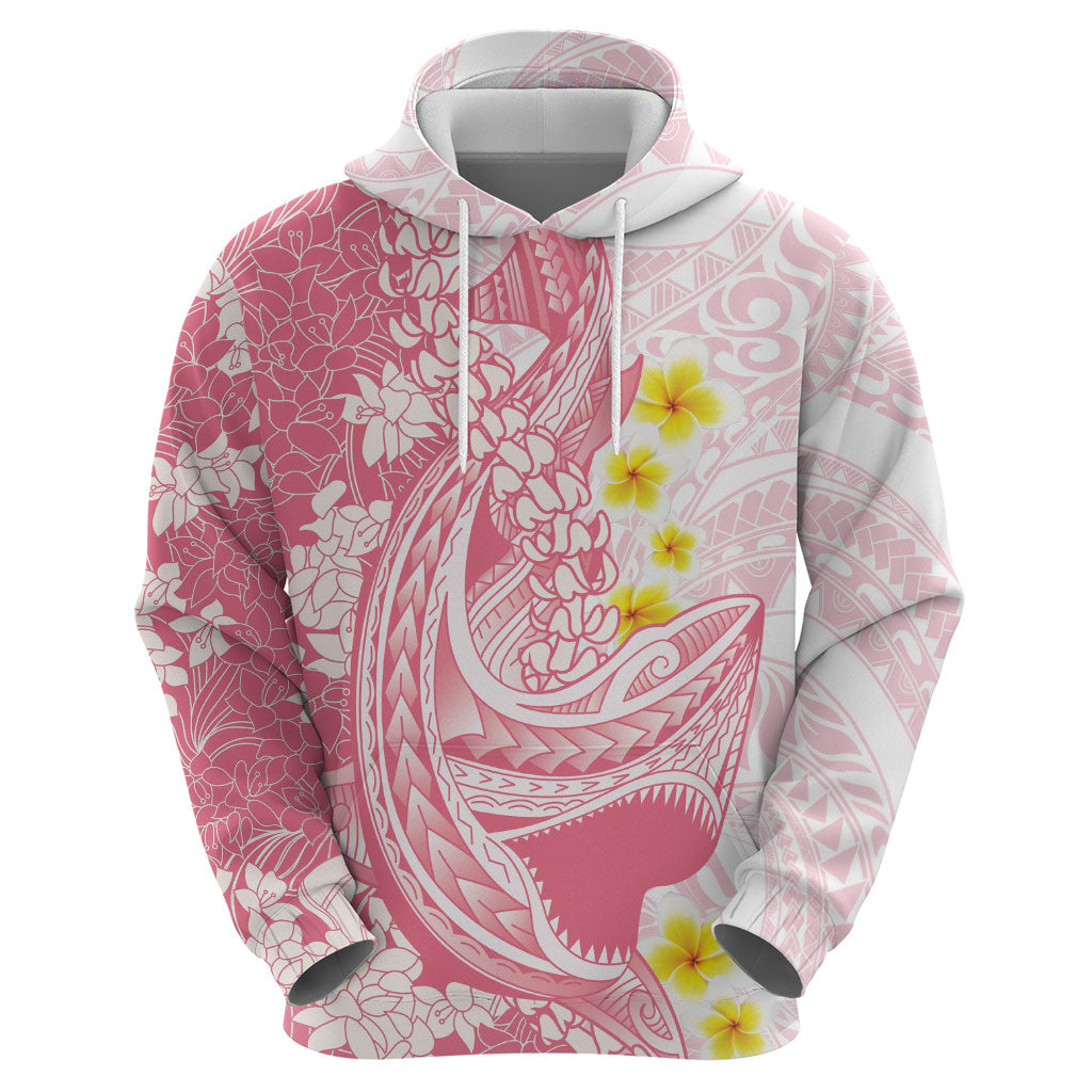 Pink Hawaii Shark Tattoo Zip Hoodie Puakenikeni Lei Plumeria Polynesian Pattern
