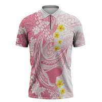 Pink Hawaii Shark Tattoo Zipper Polo Shirt Puakenikeni Lei Plumeria Polynesian Pattern LT14 Pink - Polynesian Pride