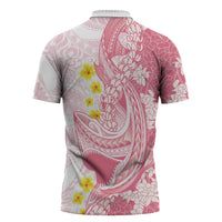 Pink Hawaii Shark Tattoo Zipper Polo Shirt Puakenikeni Lei Plumeria Polynesian Pattern LT14 - Polynesian Pride