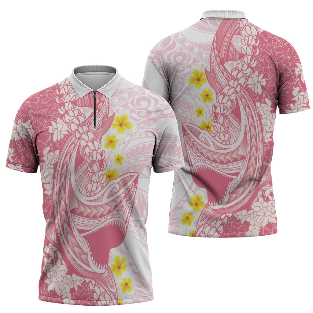 Pink Hawaii Shark Tattoo Zipper Polo Shirt Puakenikeni Lei Plumeria Polynesian Pattern LT14 - Polynesian Pride