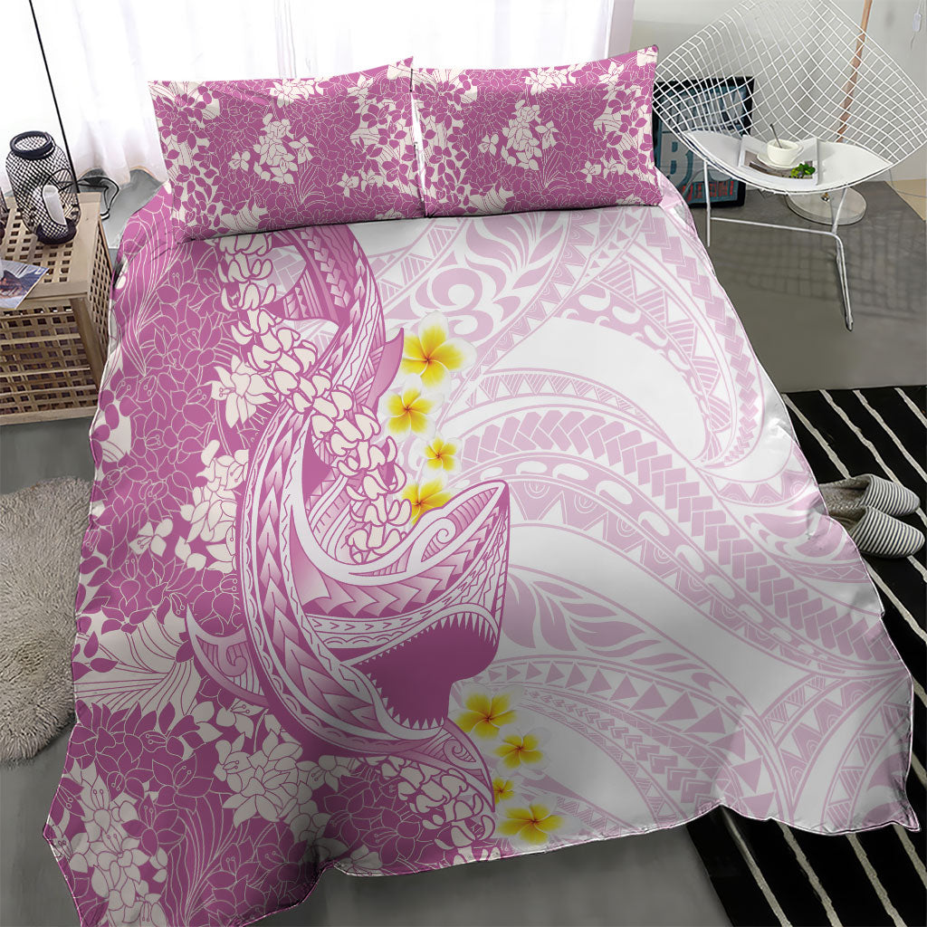 Purple Hawaii Shark Tattoo Bedding Set Puakenikeni Lei Plumeria Polynesian Pattern