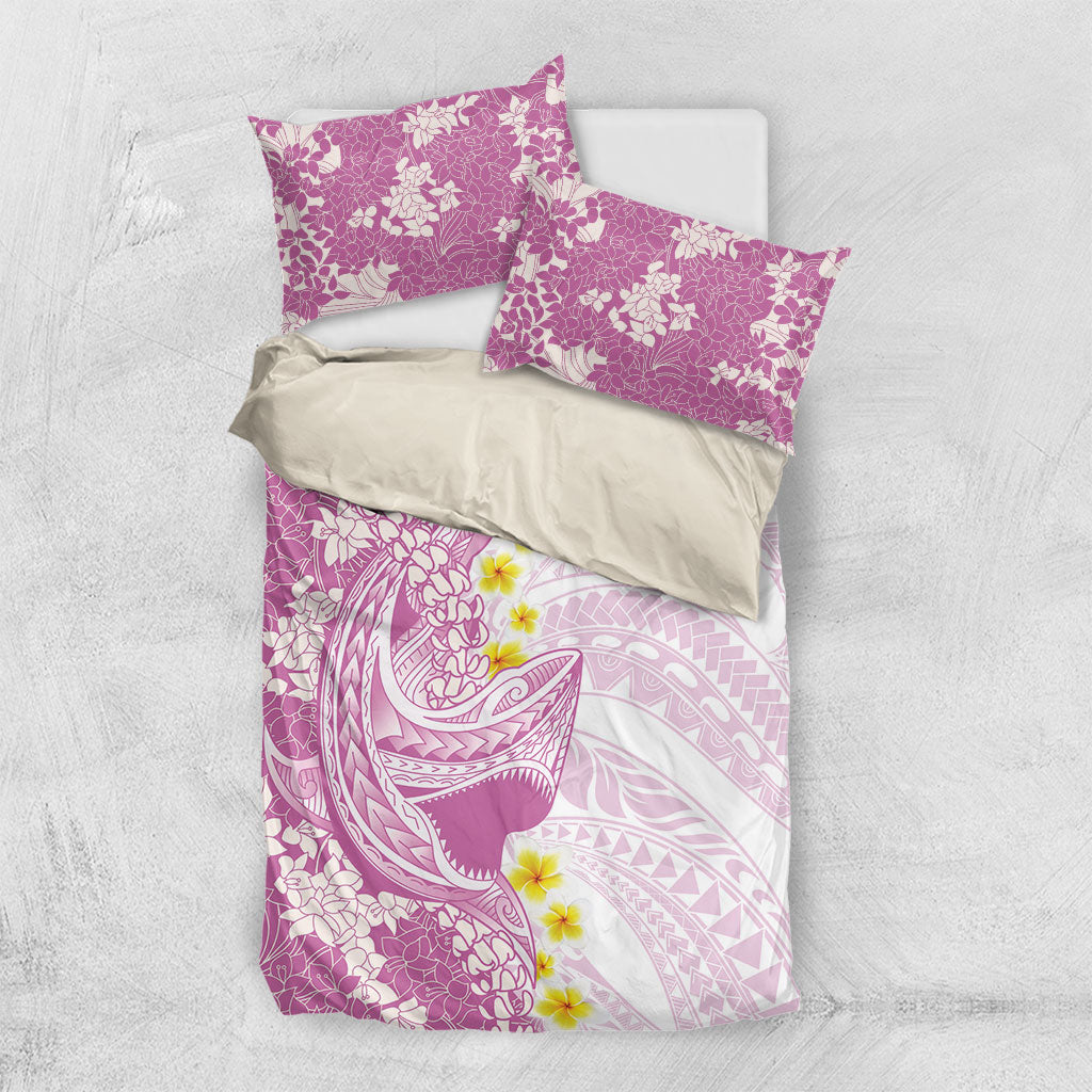 Purple Hawaii Shark Tattoo Bedding Set Puakenikeni Lei Plumeria Polynesian Pattern
