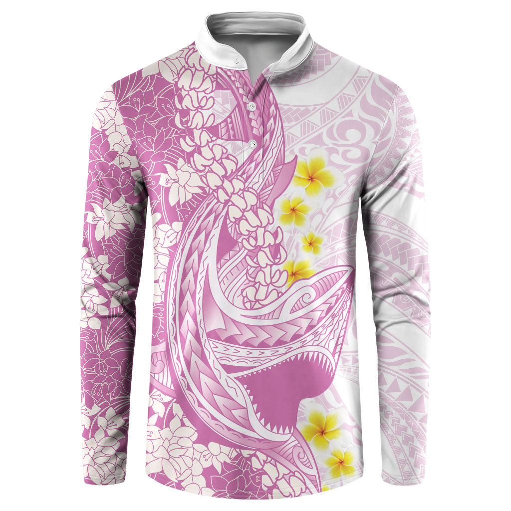 Purple Hawaii Shark Tattoo Button Sweatshirt Puakenikeni Lei Plumeria Polynesian Pattern