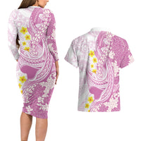 Purple Hawaii Shark Tattoo Couples Matching Long Sleeve Bodycon Dress and Hawaiian Shirt Puakenikeni Lei Plumeria Polynesian Pattern
