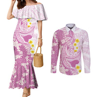 Purple Hawaii Shark Tattoo Couples Matching Mermaid Dress and Long Sleeve Button Shirt Puakenikeni Lei Plumeria Polynesian Pattern