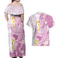 Purple Hawaii Shark Tattoo Couples Matching Off Shoulder Maxi Dress and Hawaiian Shirt Puakenikeni Lei Plumeria Polynesian Pattern