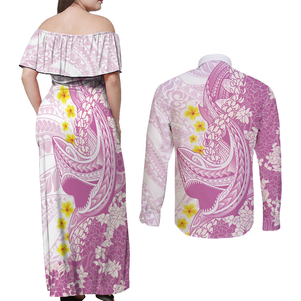 Purple Hawaii Shark Tattoo Couples Matching Off Shoulder Maxi Dress and Long Sleeve Button Shirt Puakenikeni Lei Plumeria Polynesian Pattern LT14 - Polynesian Pride