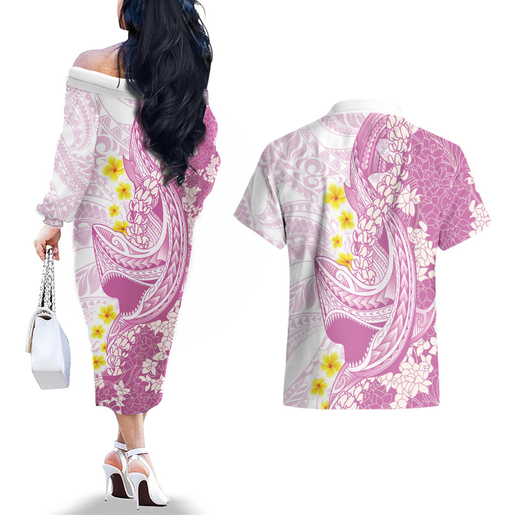 Purple Hawaii Shark Tattoo Couples Matching Off The Shoulder Long Sleeve Dress and Hawaiian Shirt Puakenikeni Lei Plumeria Polynesian Pattern