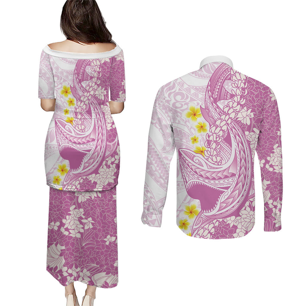 Purple Hawaii Shark Tattoo Couples Matching Puletasi and Long Sleeve Button Shirt Puakenikeni Lei Plumeria Polynesian Pattern LT14 - Polynesian Pride