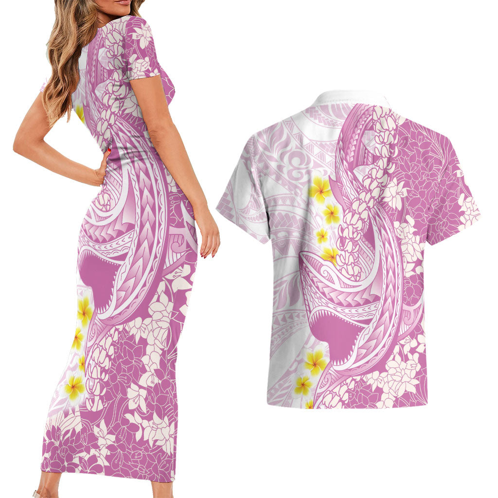 Purple Hawaii Shark Tattoo Couples Matching Short Sleeve Bodycon Dress and Hawaiian Shirt Puakenikeni Lei Plumeria Polynesian Pattern LT14 - Polynesian Pride