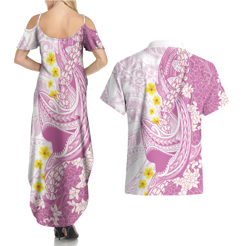 Purple Hawaii Shark Tattoo Couples Matching Summer Maxi Dress and Hawaiian Shirt Puakenikeni Lei Plumeria Polynesian Pattern