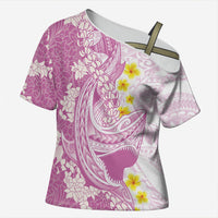 Purple Hawaii Shark Tattoo Cross Shoulder Shirt Puakenikeni Lei Plumeria Polynesian Pattern
