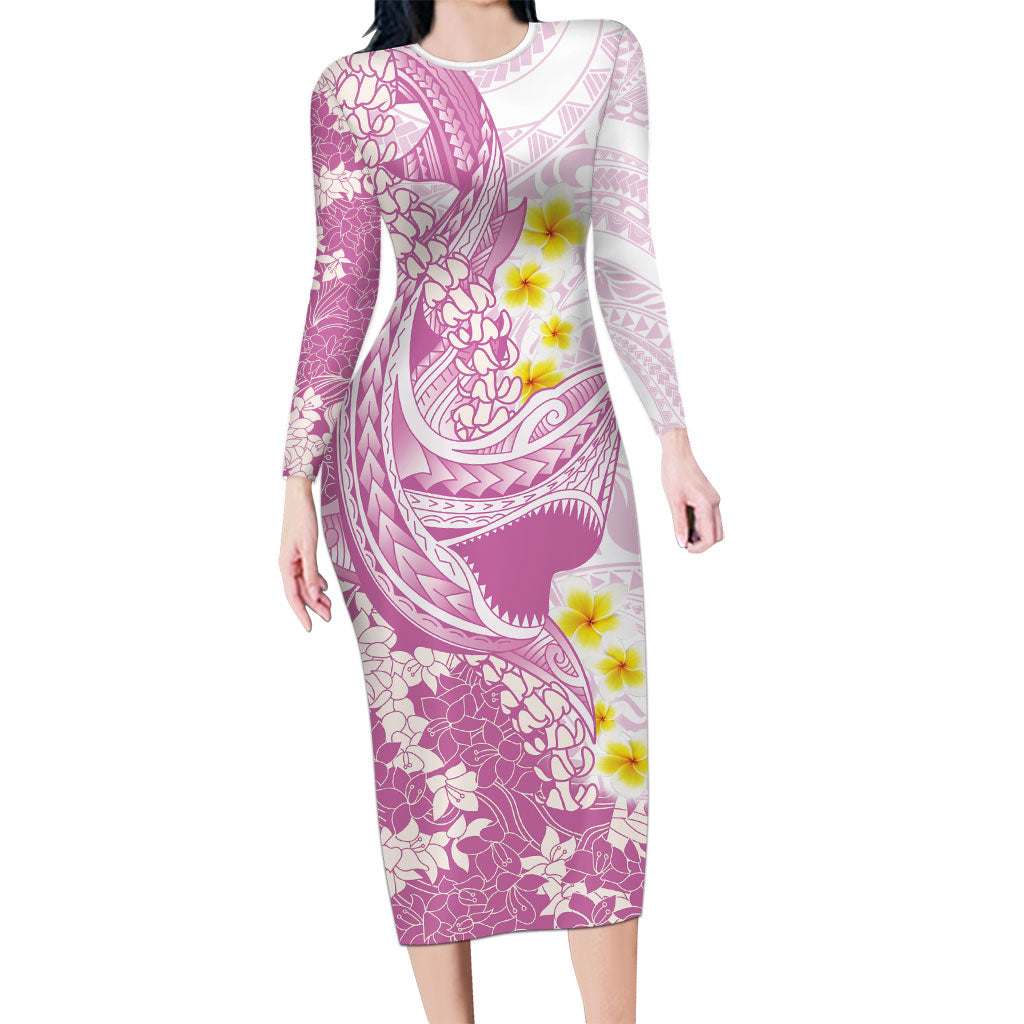 Purple Hawaii Shark Tattoo Family Matching Long Sleeve Bodycon Dress and Hawaiian Shirt Puakenikeni Lei Plumeria Polynesian Pattern LT14 Mom's Dress Purple - Polynesian Pride