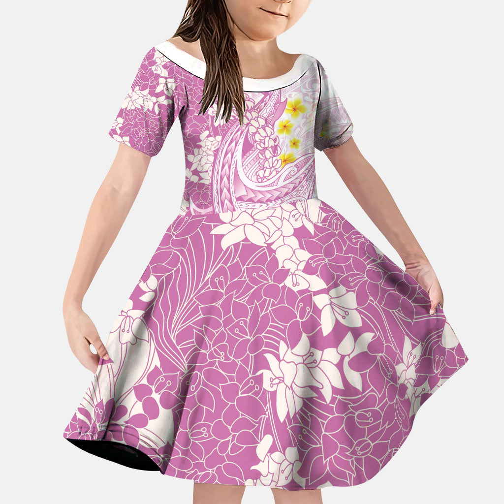 Purple Hawaii Shark Tattoo Family Matching Mermaid Dress and Hawaiian Shirt Puakenikeni Lei Plumeria Polynesian Pattern LT14 Daughter's Dress Purple - Polynesian Pride