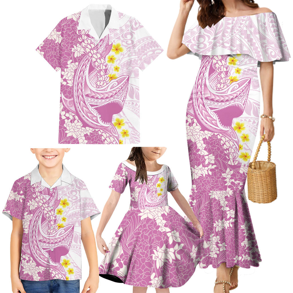 Purple Hawaii Shark Tattoo Family Matching Mermaid Dress and Hawaiian Shirt Puakenikeni Lei Plumeria Polynesian Pattern LT14 - Polynesian Pride