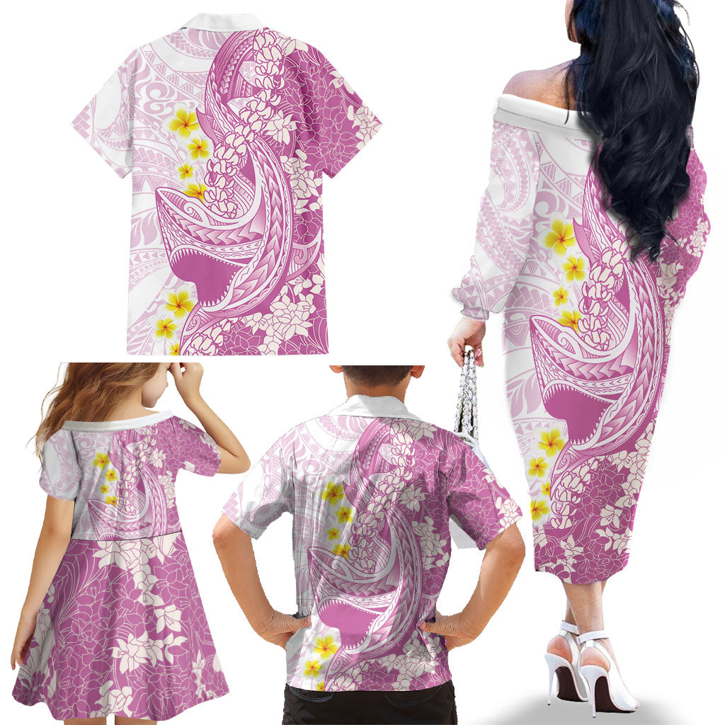 Purple Hawaii Shark Tattoo Family Matching Off The Shoulder Long Sleeve Dress and Hawaiian Shirt Puakenikeni Lei Plumeria Polynesian Pattern LT14 - Polynesian Pride